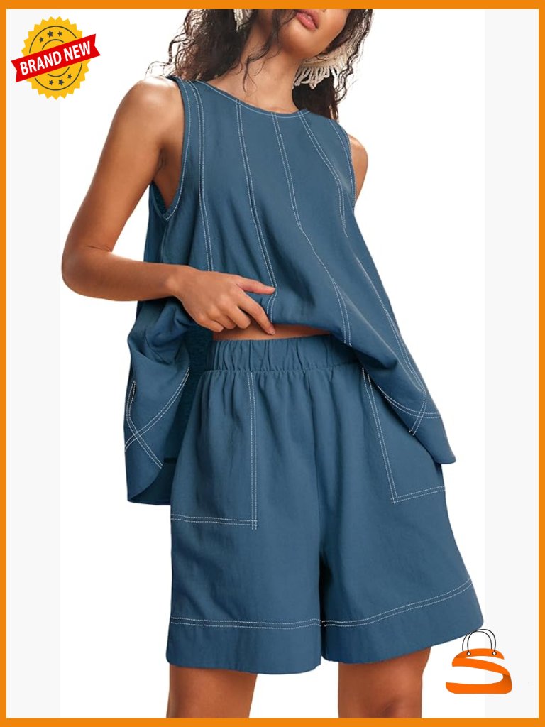 Casual 2 Piece Lounge Set Sleeveless Tank Top With Elastic Waist Shorts